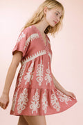 ND31592-Printed V-Neck Woven Mini Dress
