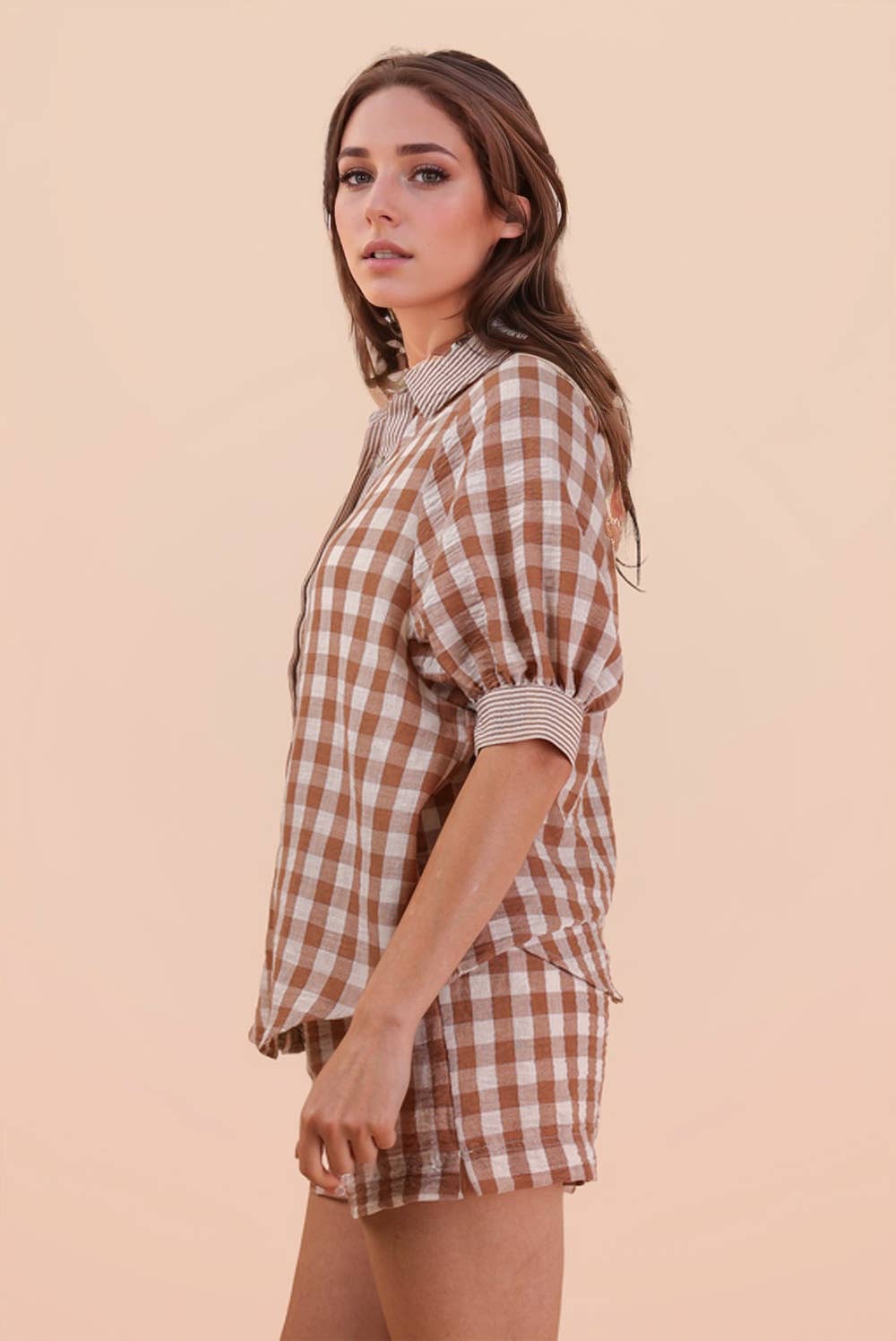 NT12452SET-Checkered Shirt Top & Shorts Set