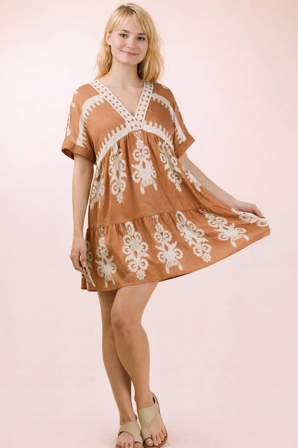 ND31592-Printed V-Neck Woven Mini Dress