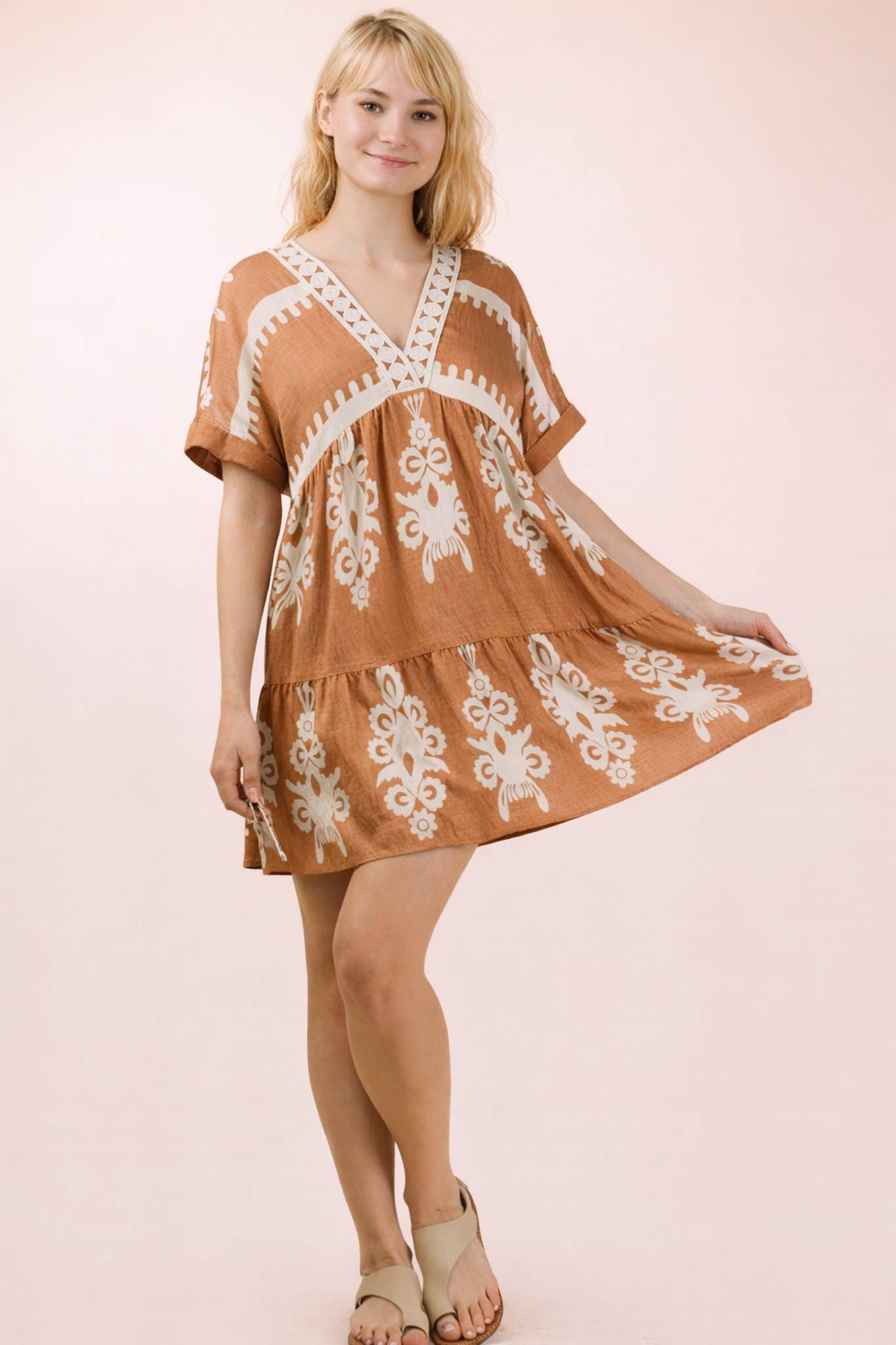 ND31592-Printed V-Neck Woven Mini Dress