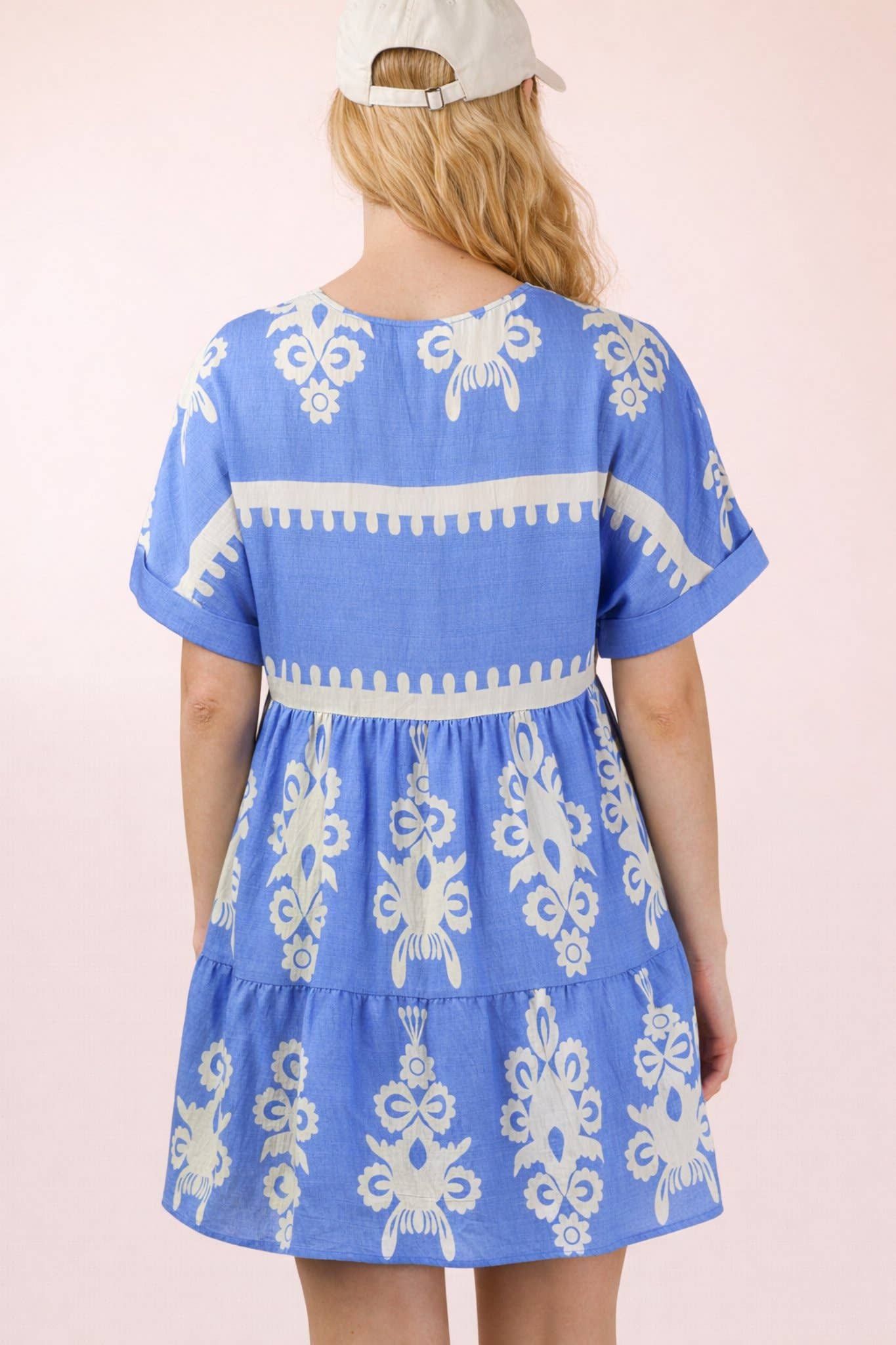 ND31592-Printed V-Neck Woven Mini Dress