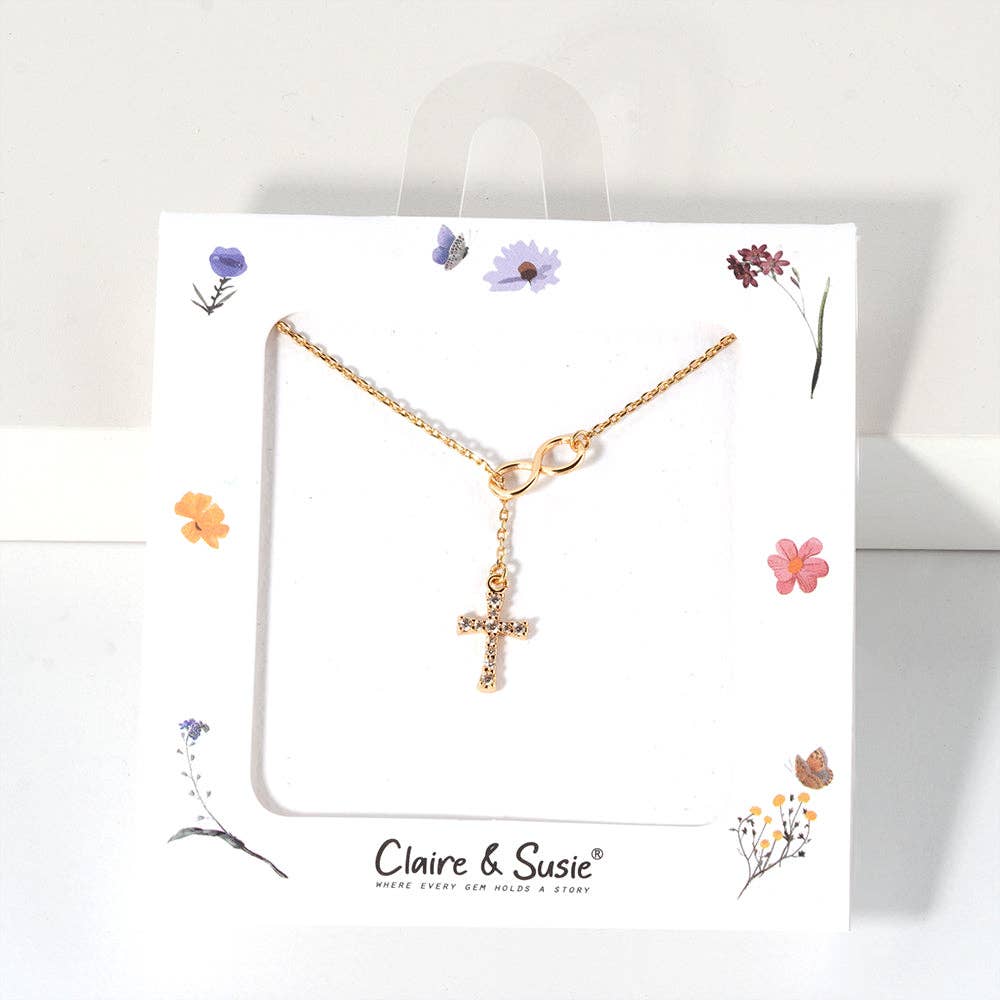 CZ Cross Lariat 16"-18" Necklace