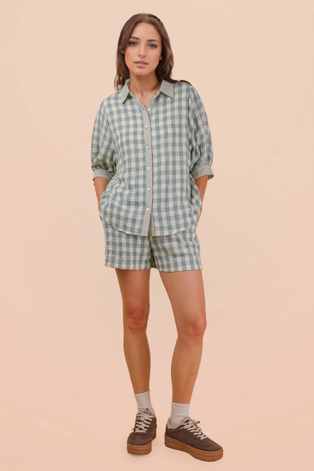 NT12452SET-Checkered Shirt Top & Shorts Set