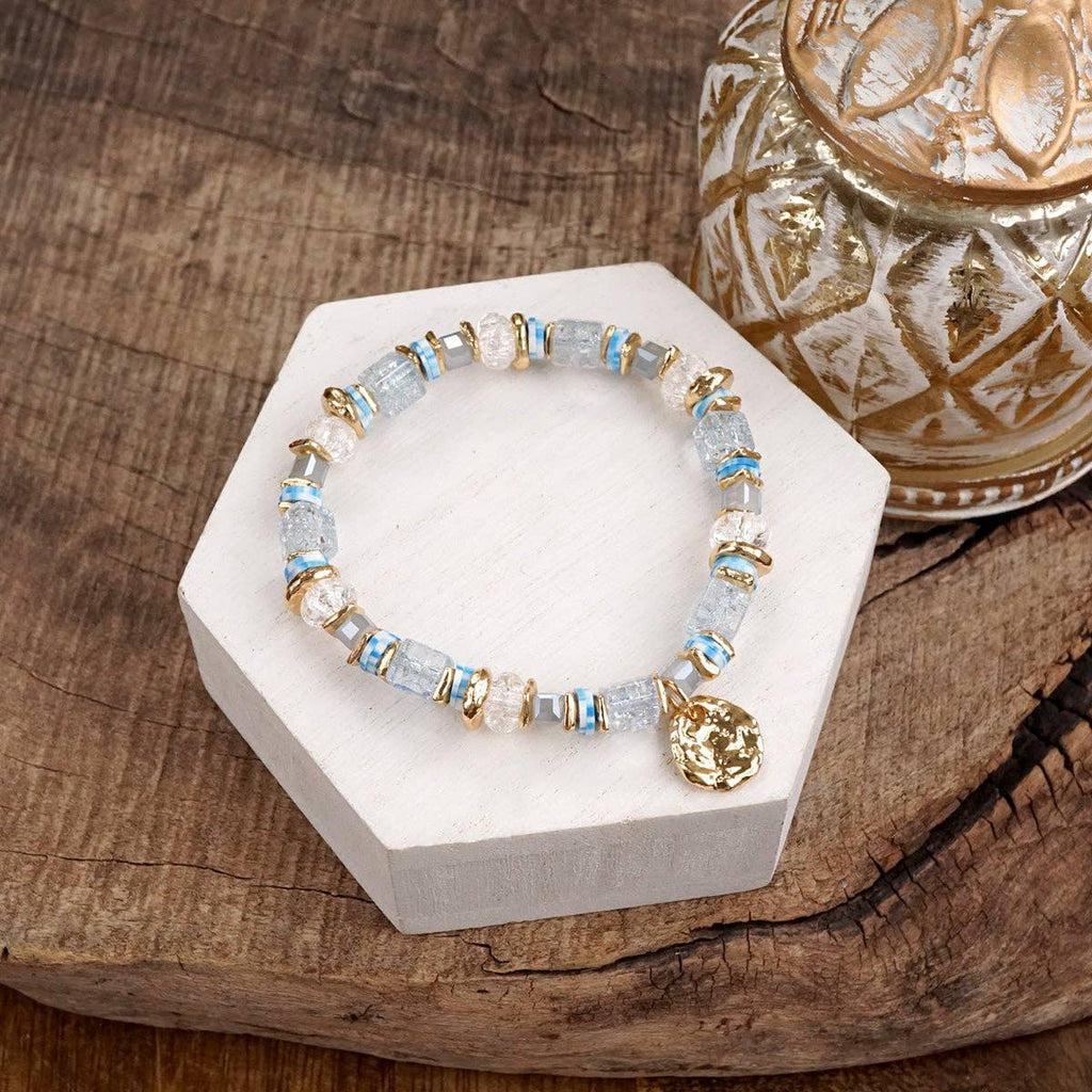 Whispering Light – Mixed Bead Bracelet with Golden Coin Charm