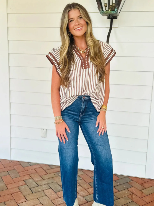 Khaki Stripe V Neck Ruffle Sleeve Summer Blouse