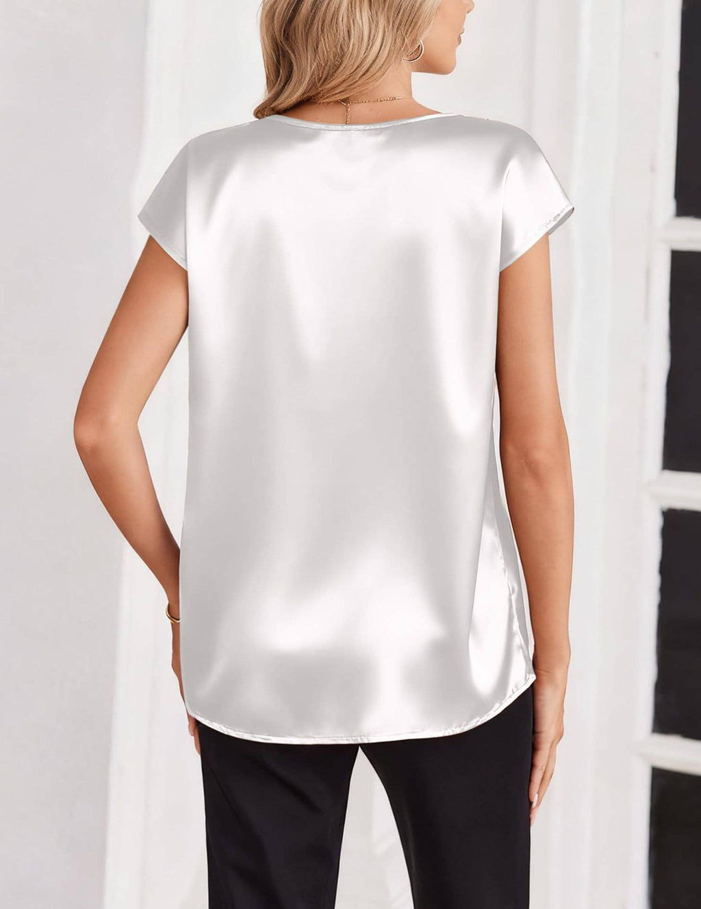 V Neck Short Sleeve Satin Blouse with Relaxed Fit