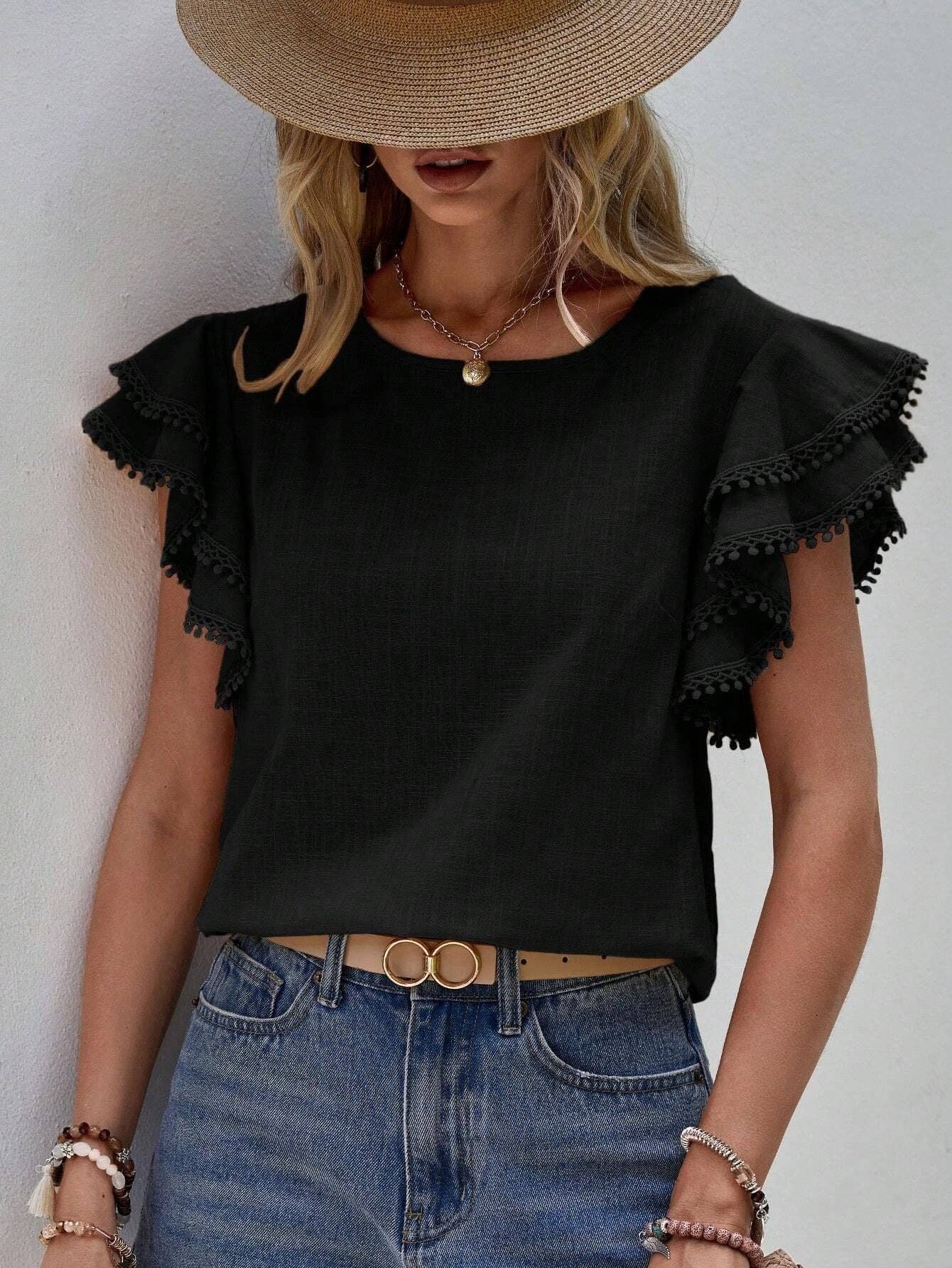 Casual Crew Neck Ruffle Batwing Short Sleeve Top