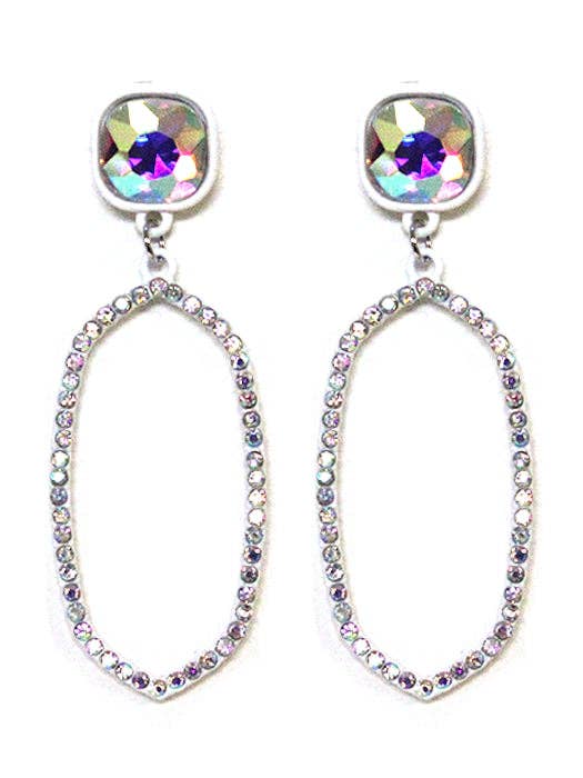 VE2888 Iridescent Post Rhinestone Oval Dangle Earrings