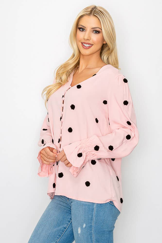 SZ1-TP3171 Pom Detail Button Long Sleeve Blouse