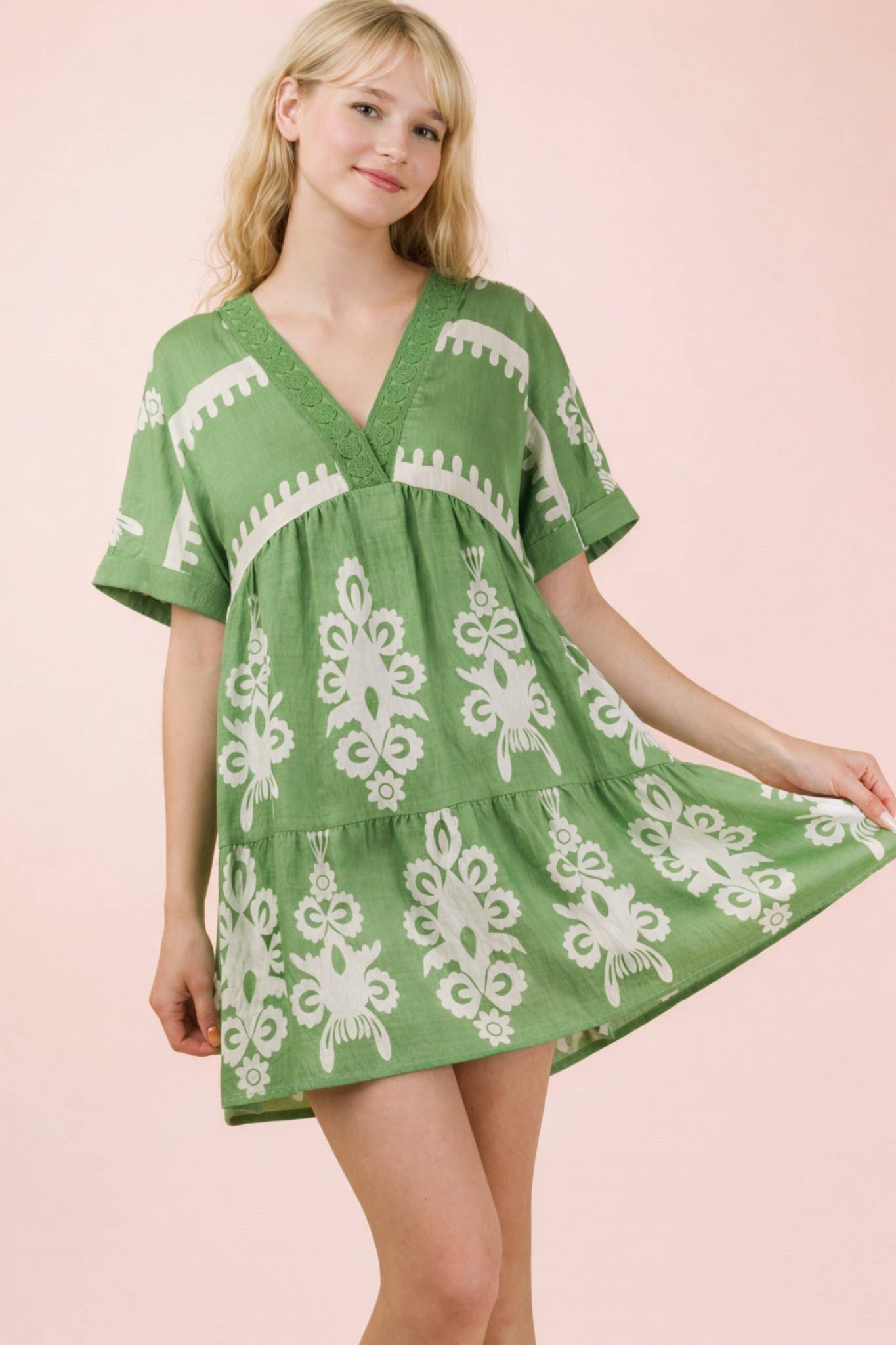 ND31592-Printed V-Neck Woven Mini Dress