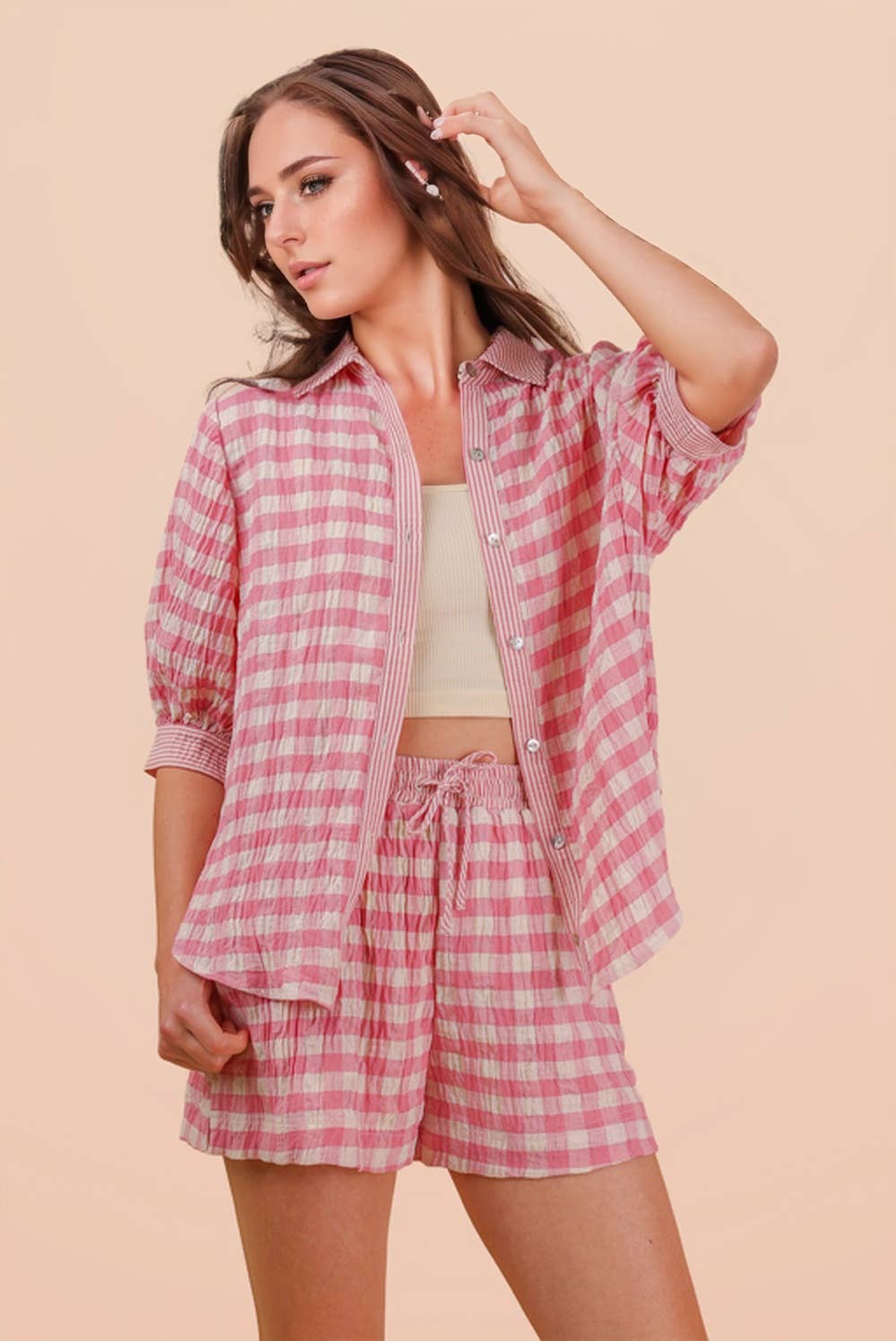 NT12452SET-Checkered Shirt Top & Shorts Set