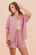 NT12452SET-Checkered Shirt Top & Shorts Set