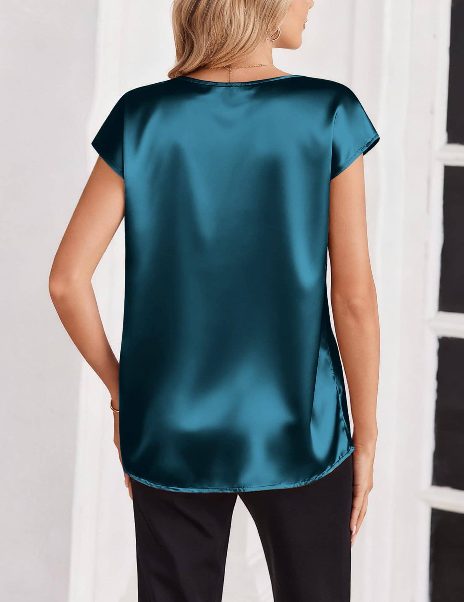 V Neck Short Sleeve Satin Blouse with Relaxed Fit