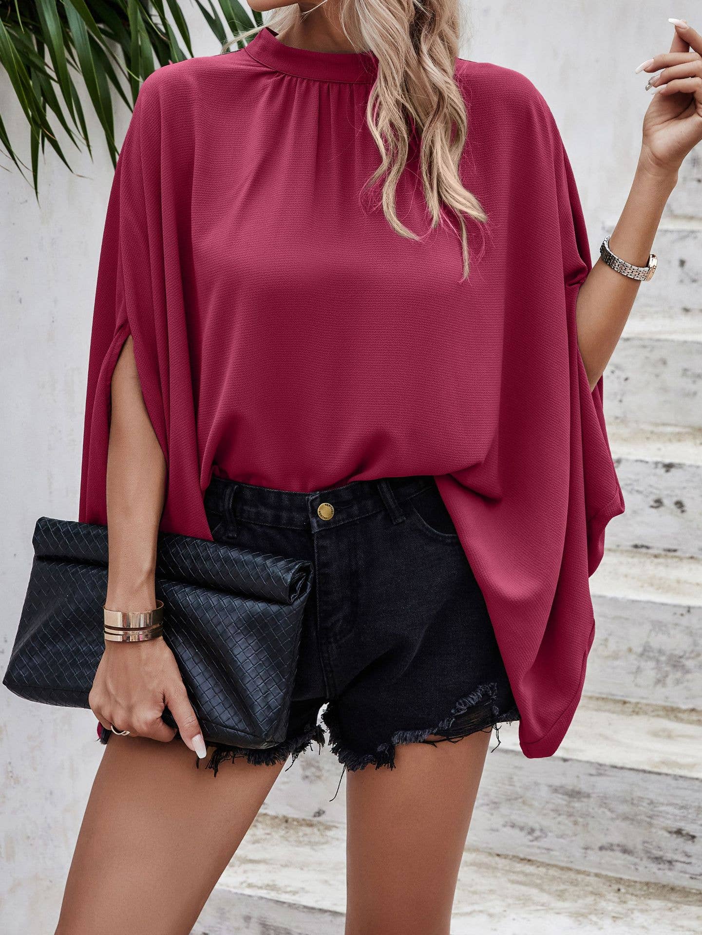 SZ1-TP8289 Textured Mock Neck Bat Wing Sleeve Blouse