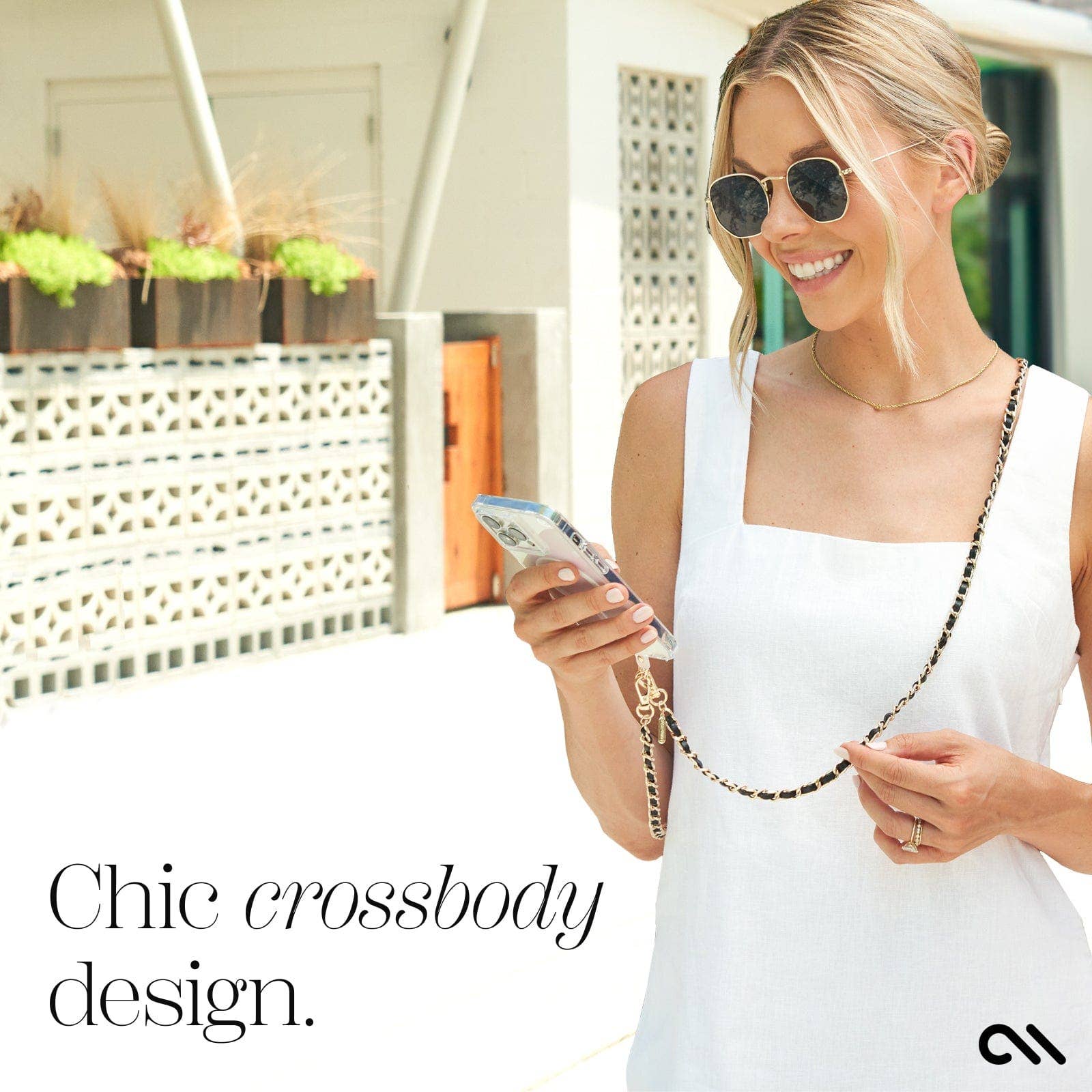 Gold Chain/Black Leather Phone Crossbody