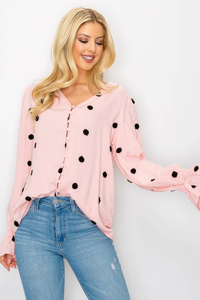 SZ1-TP3171 Pom Detail Button Long Sleeve Blouse