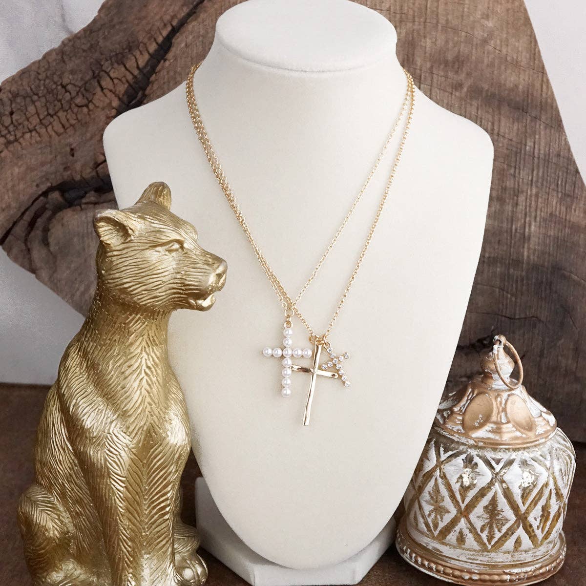 Sacred Layers – Multi Cross Pendant Necklace in Gold Tone