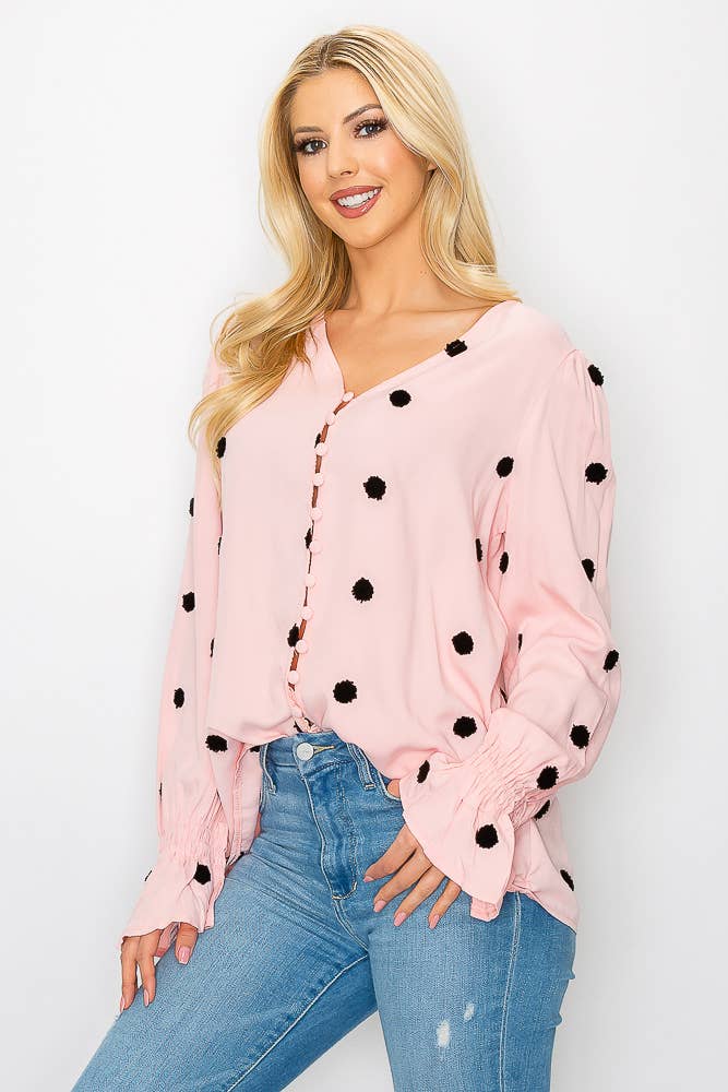 SZ1-TP3171 Pom Detail Button Long Sleeve Blouse