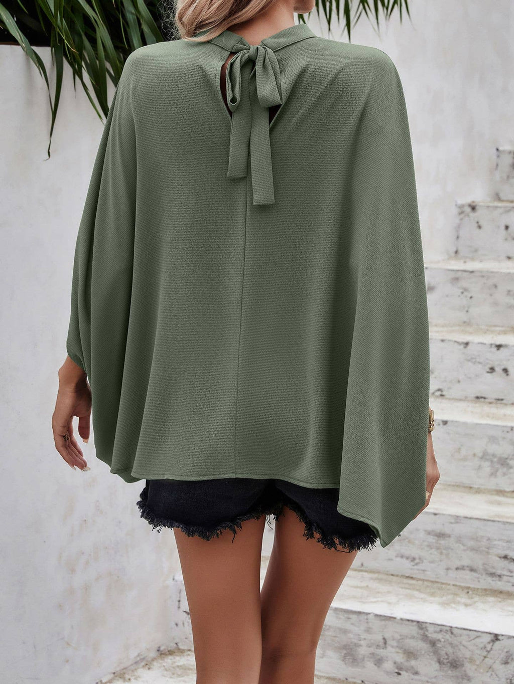 SZ1-TP8289 Textured Mock Neck Bat Wing Sleeve Blouse
