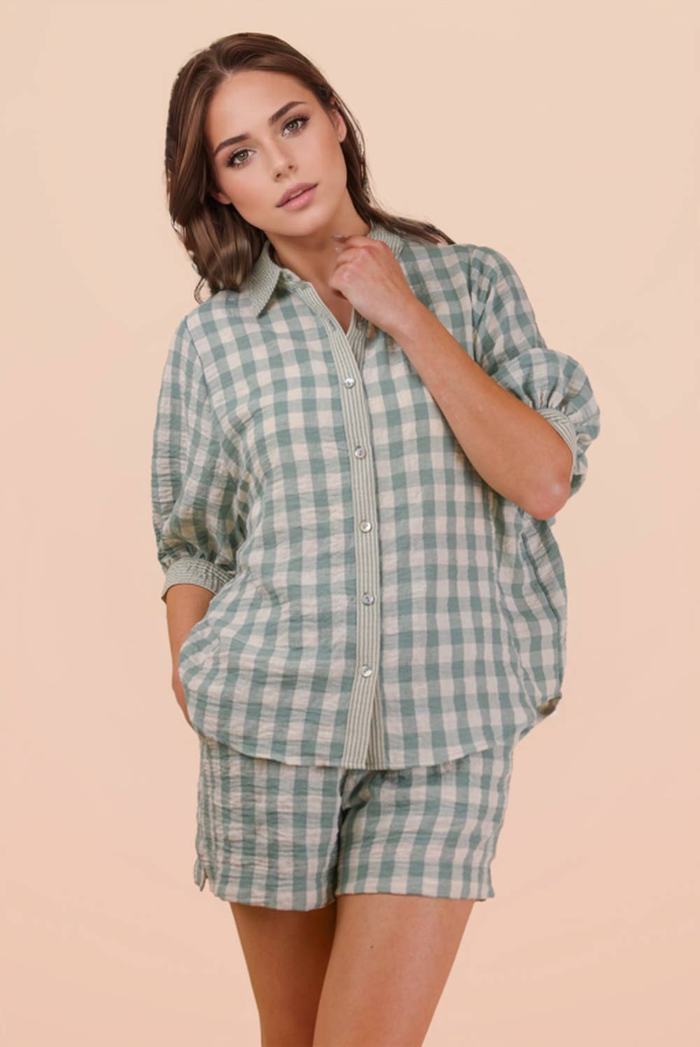NT12452SET-Checkered Shirt Top & Shorts Set