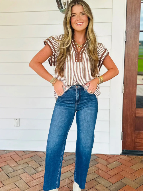 Khaki Stripe V Neck Ruffle Sleeve Summer Blouse