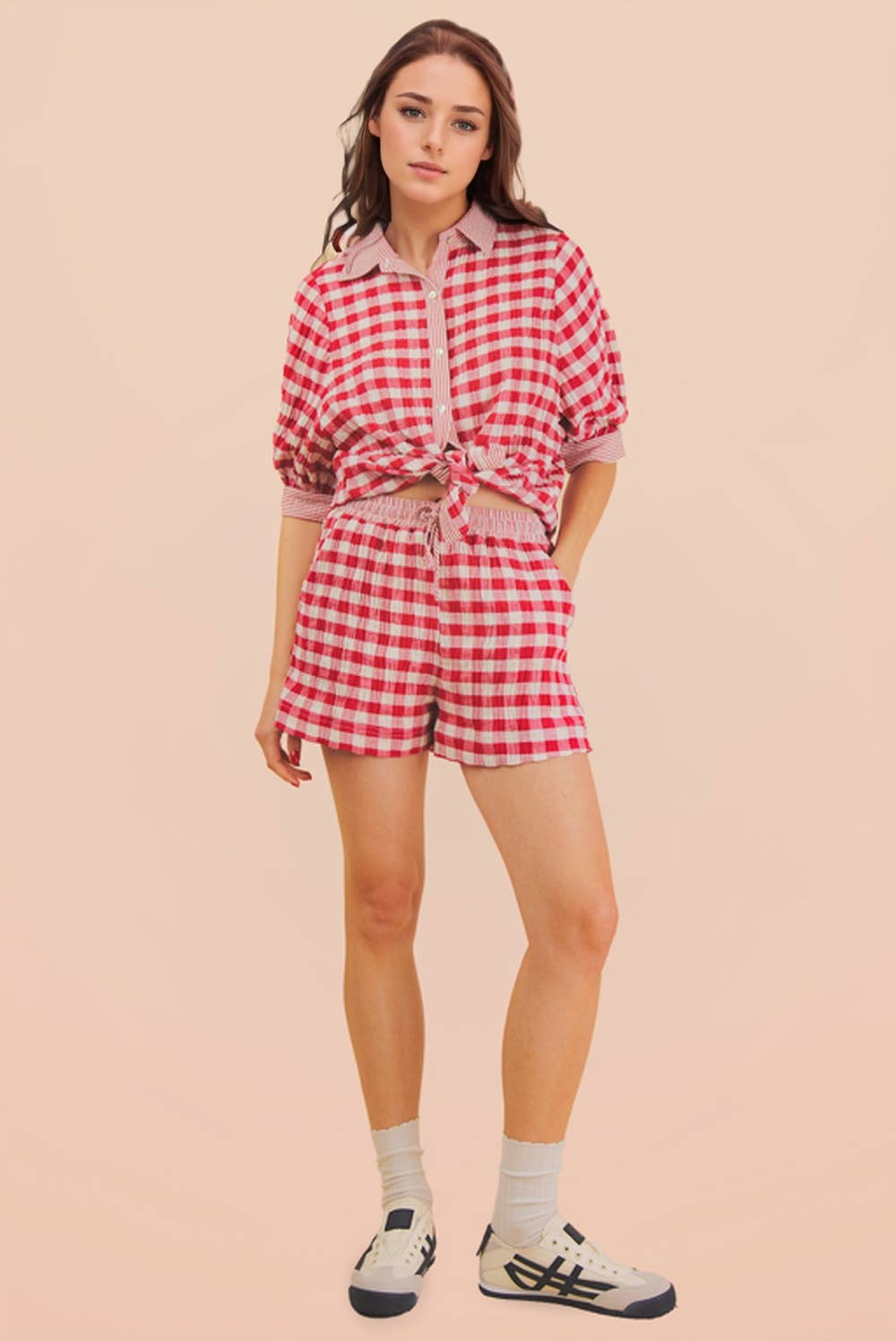 NT12452SET-Checkered Shirt Top & Shorts Set
