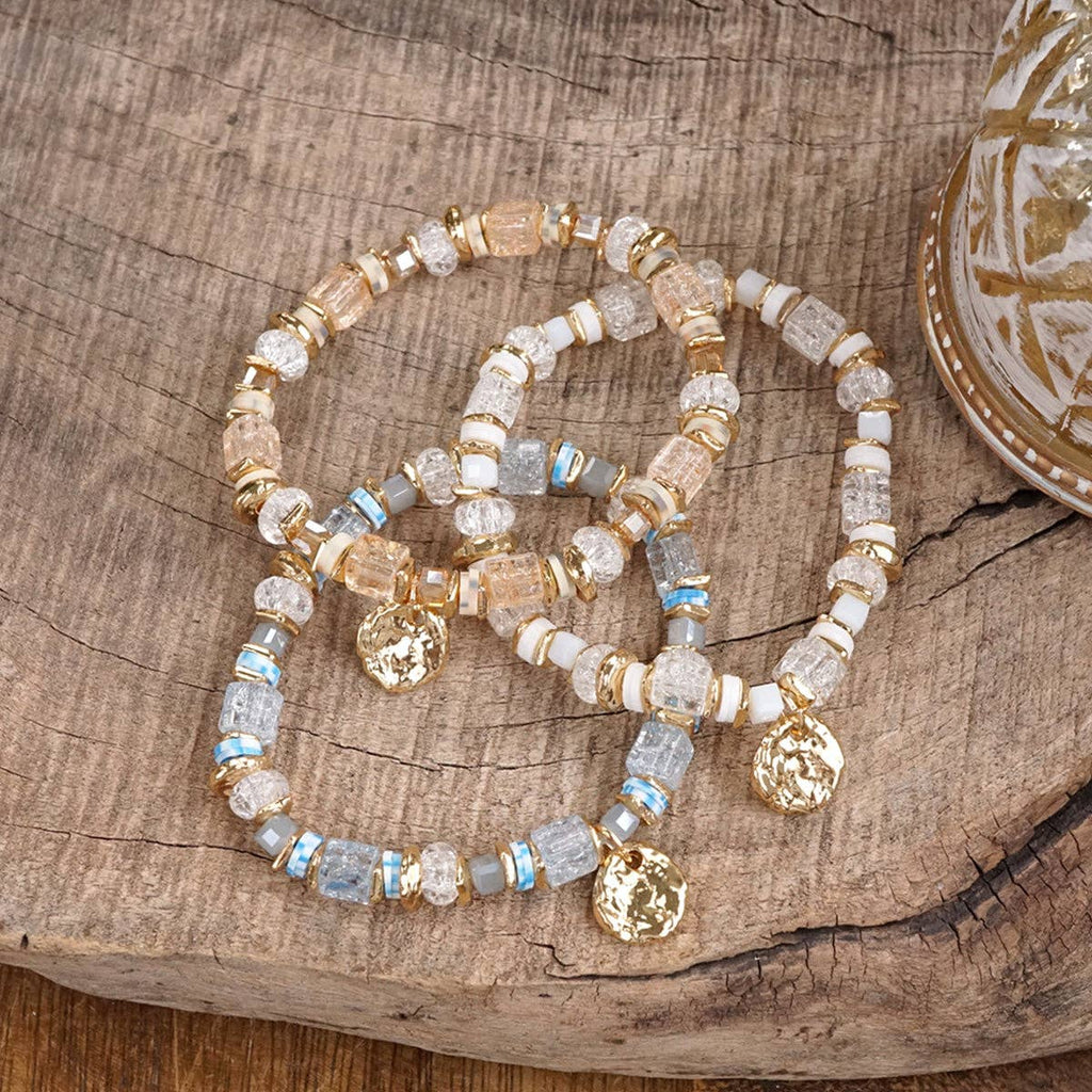Whispering Light – Mixed Bead Bracelet with Golden Coin Charm