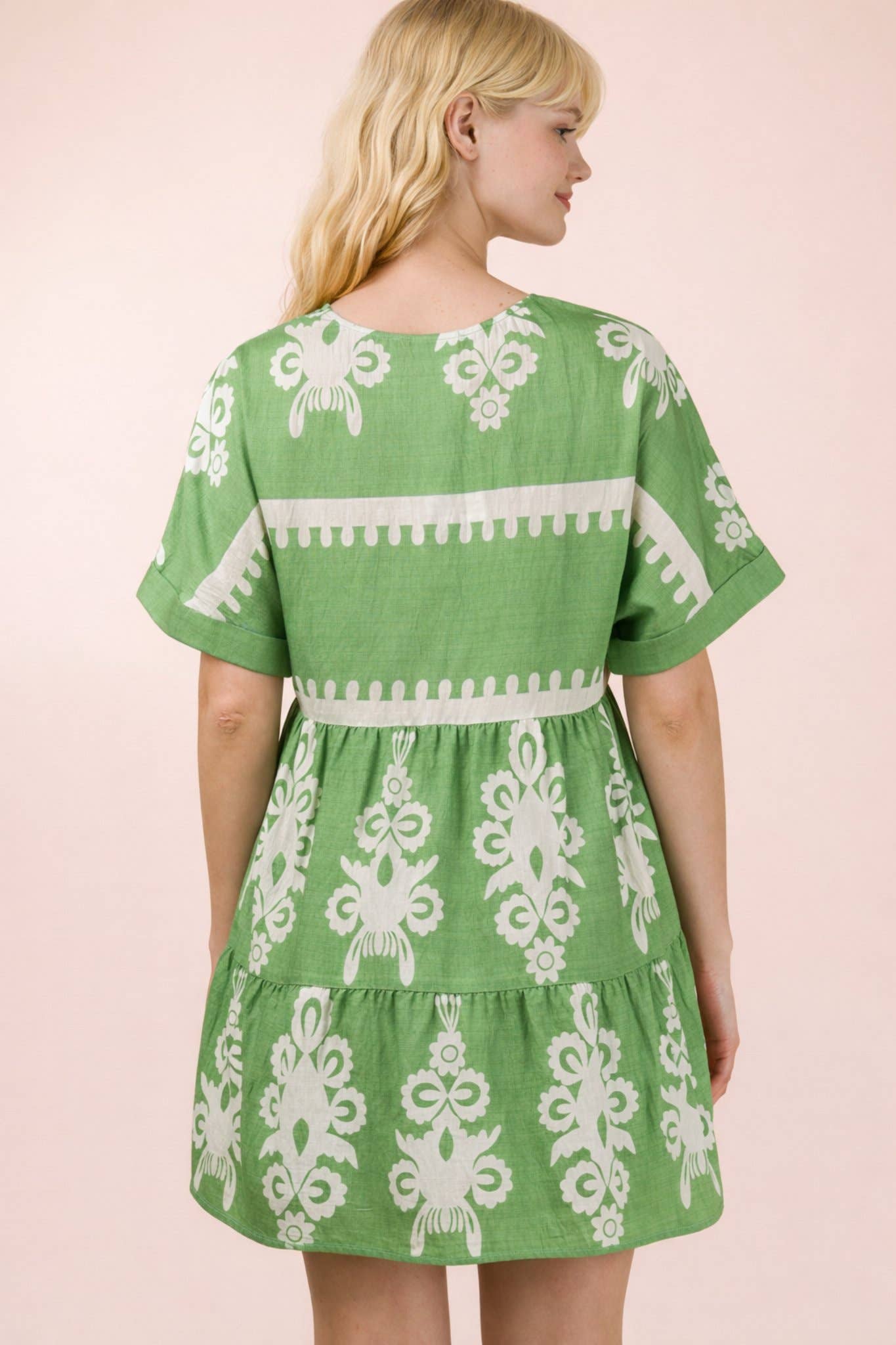 ND31592-Printed V-Neck Woven Mini Dress