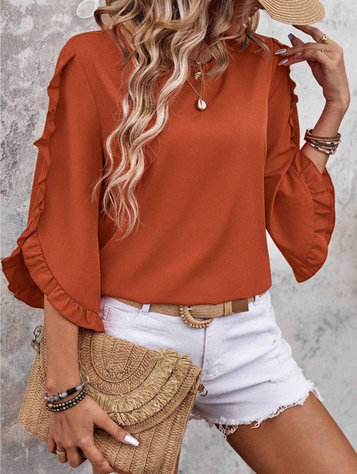 Summer Solid Ruffle Loose Fit Sleeve Shirt