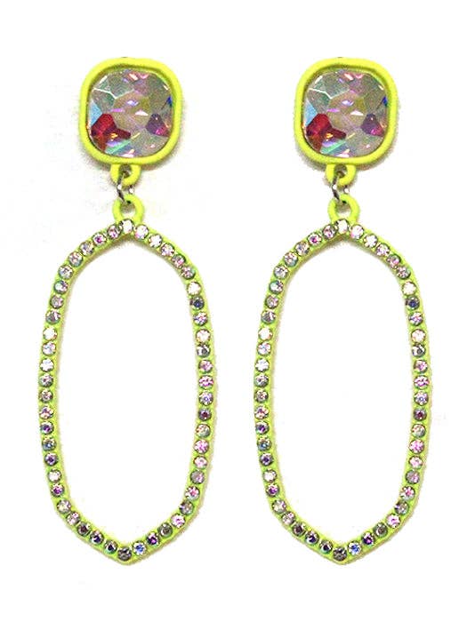 VE2888 Iridescent Post Rhinestone Oval Dangle Earrings