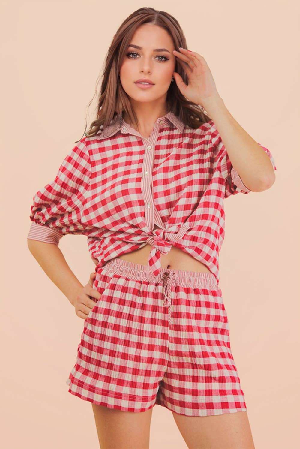NT12452SET-Checkered Shirt Top & Shorts Set