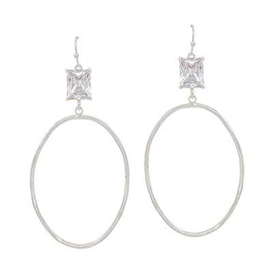 Clear Crystal with Silver Open Oval Drop 2" Earring