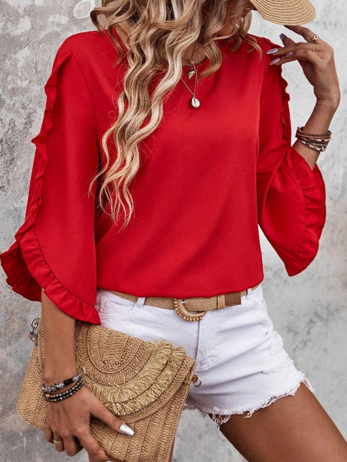 Summer Solid Ruffle Loose Fit Sleeve Shirt