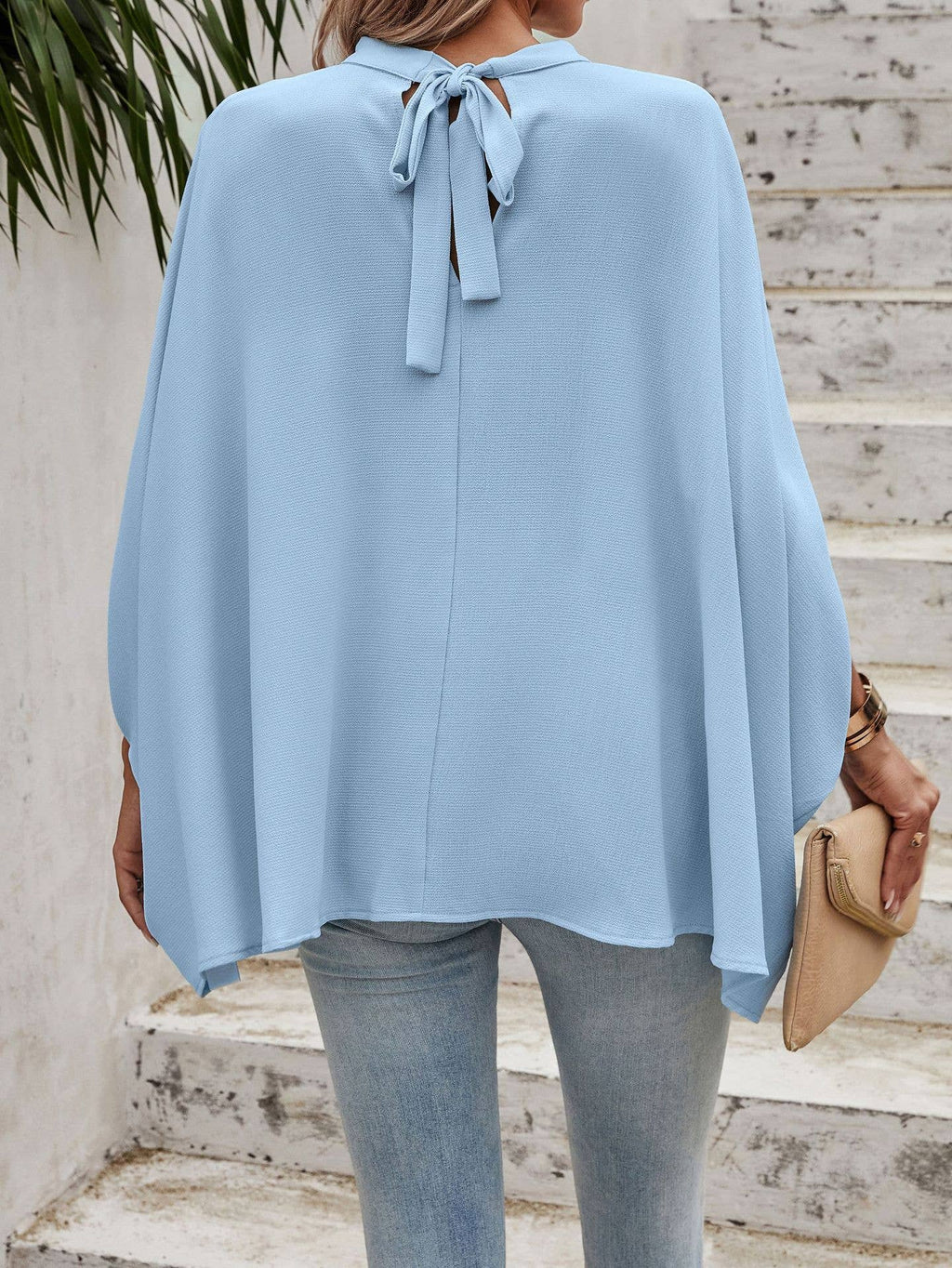 SZ1-TP8289 Textured Mock Neck Bat Wing Sleeve Blouse