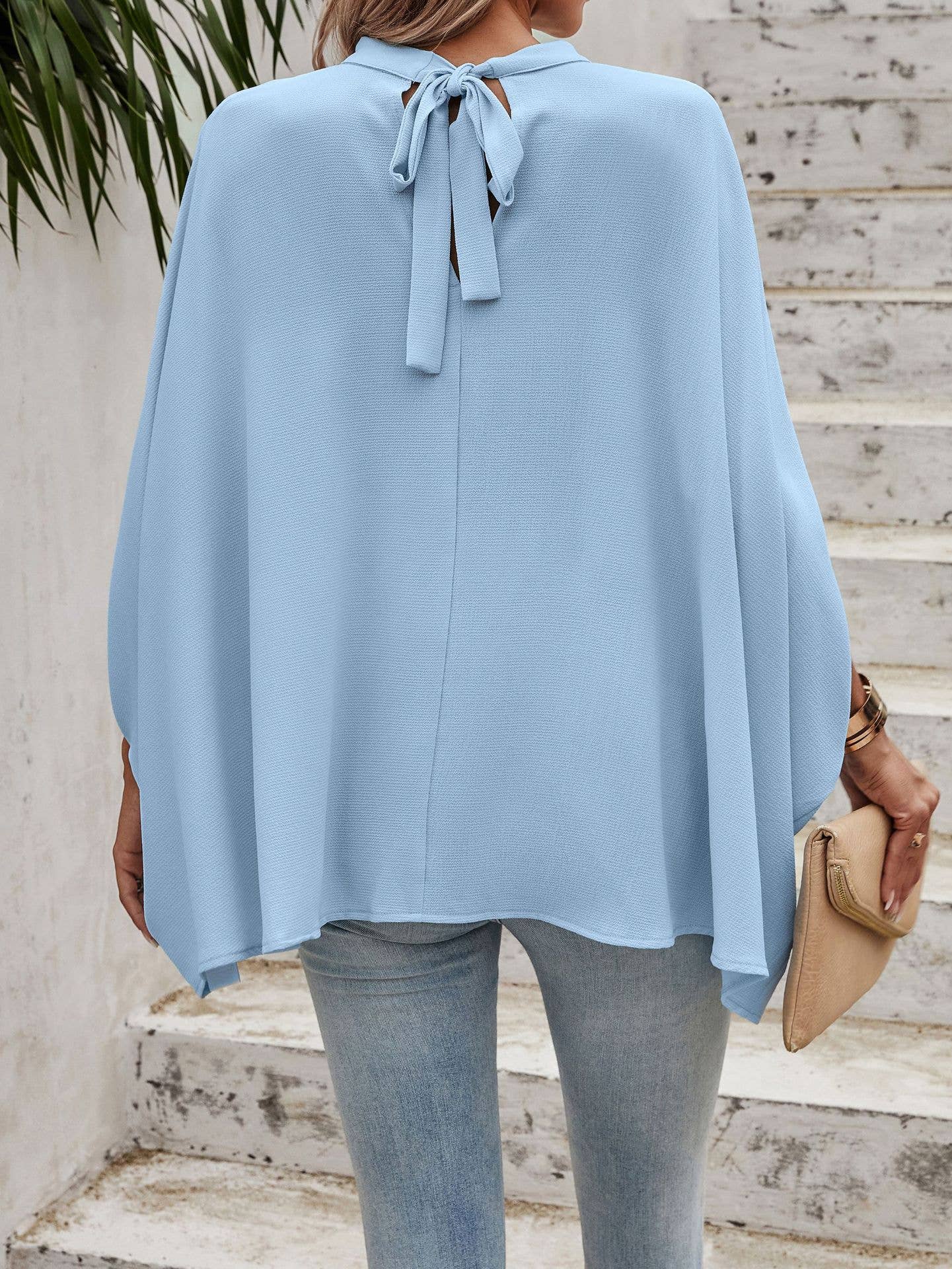 SZ1-TP8289 Textured Mock Neck Bat Wing Sleeve Blouse