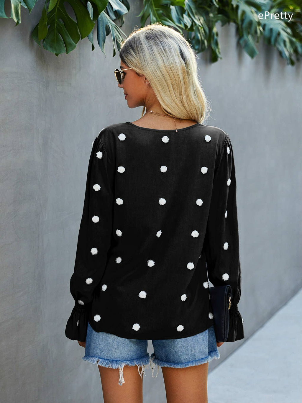 SZ1-TP3171 Pom Detail Button Long Sleeve Blouse