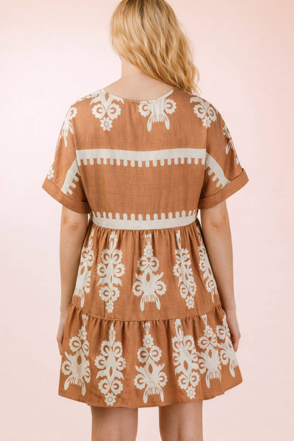 ND31592-Printed V-Neck Woven Mini Dress