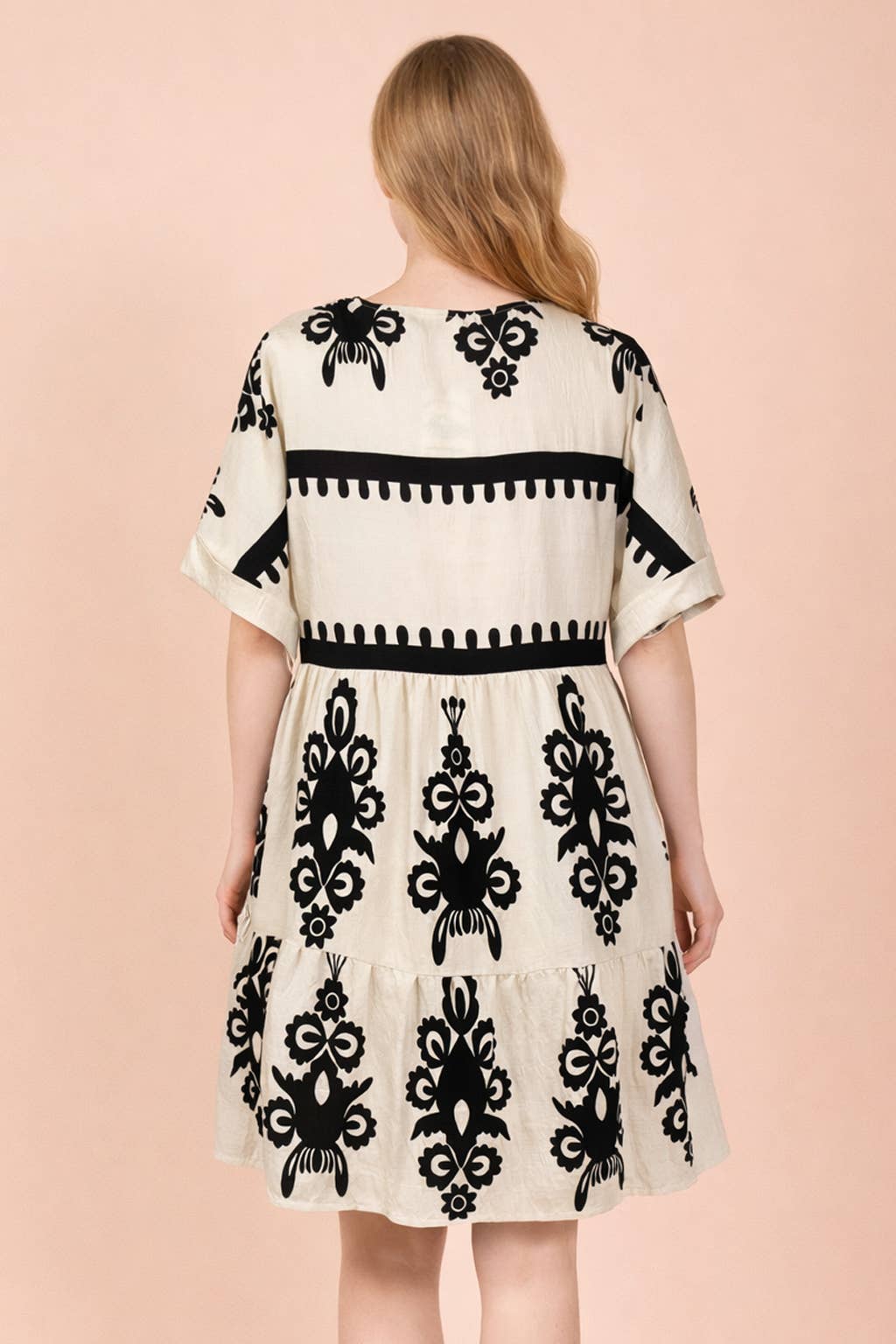 ND31592-Printed V-Neck Woven Mini Dress
