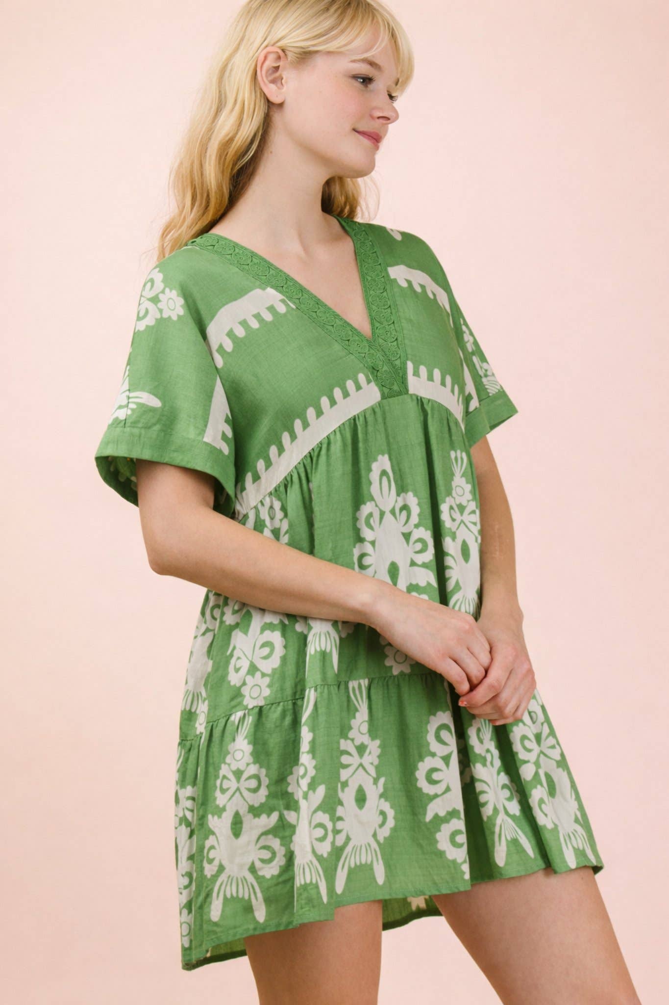 ND31592-Printed V-Neck Woven Mini Dress