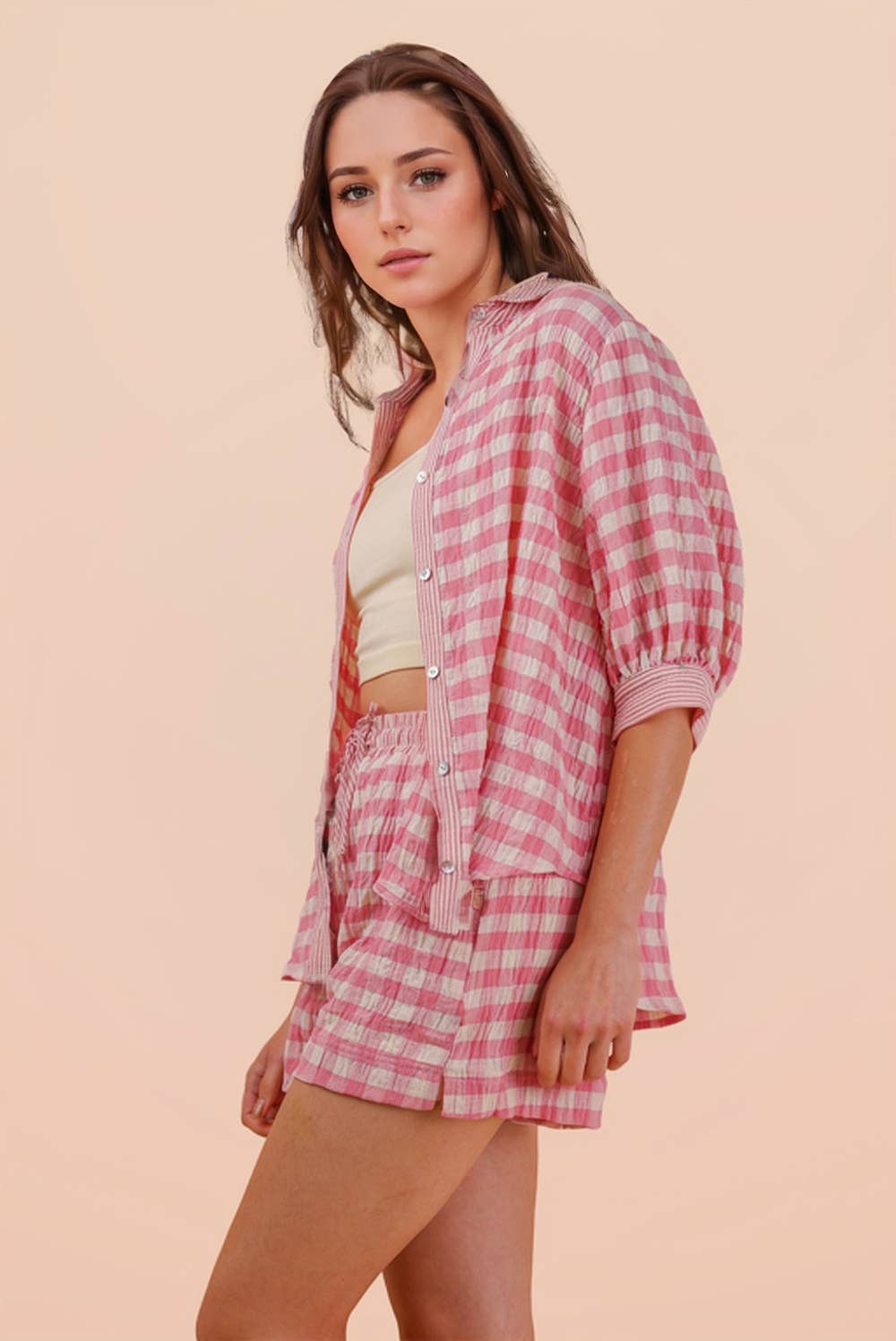 NT12452SET-Checkered Shirt Top & Shorts Set