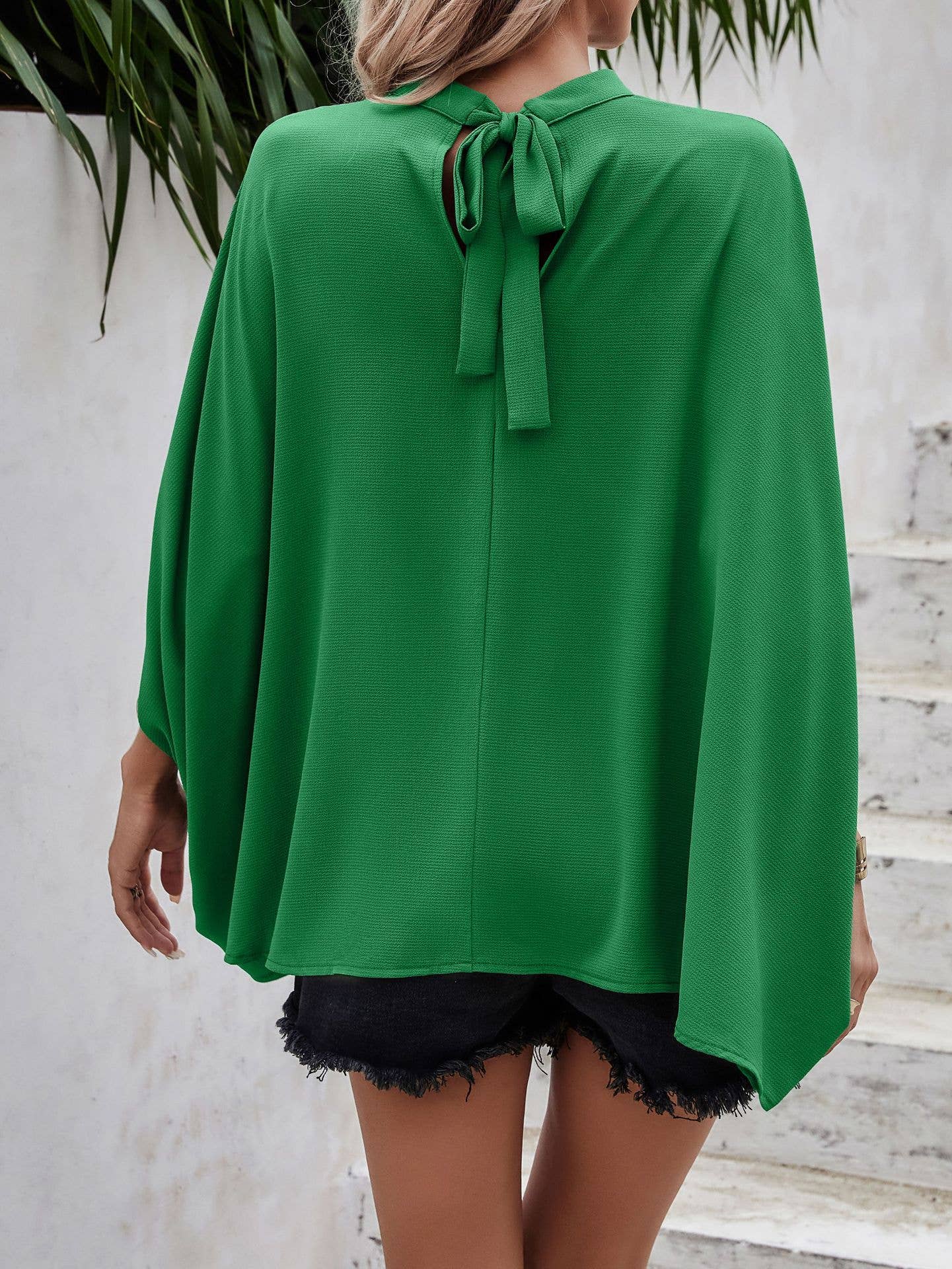 SZ1-TP8289 Textured Mock Neck Bat Wing Sleeve Blouse