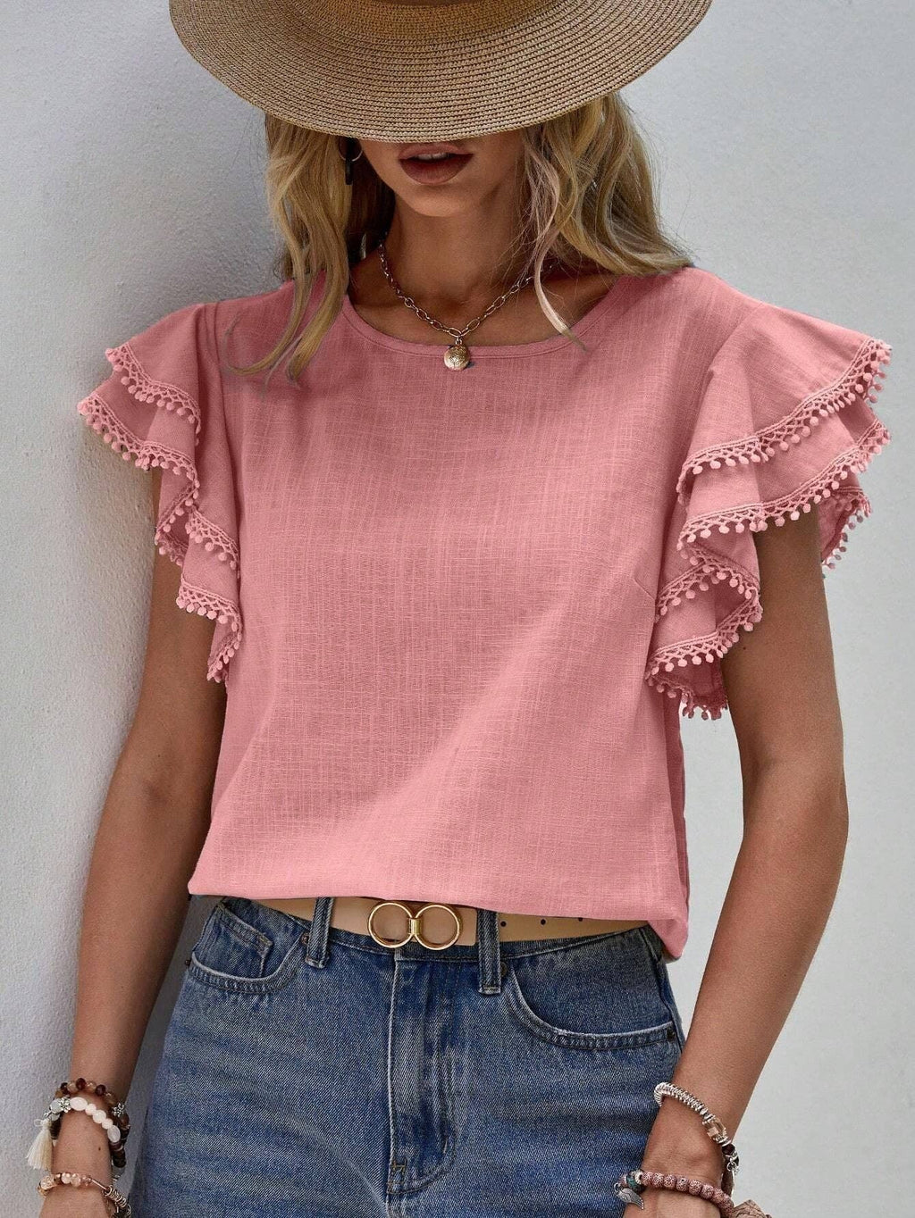 Casual Crew Neck Ruffle Batwing Short Sleeve Top