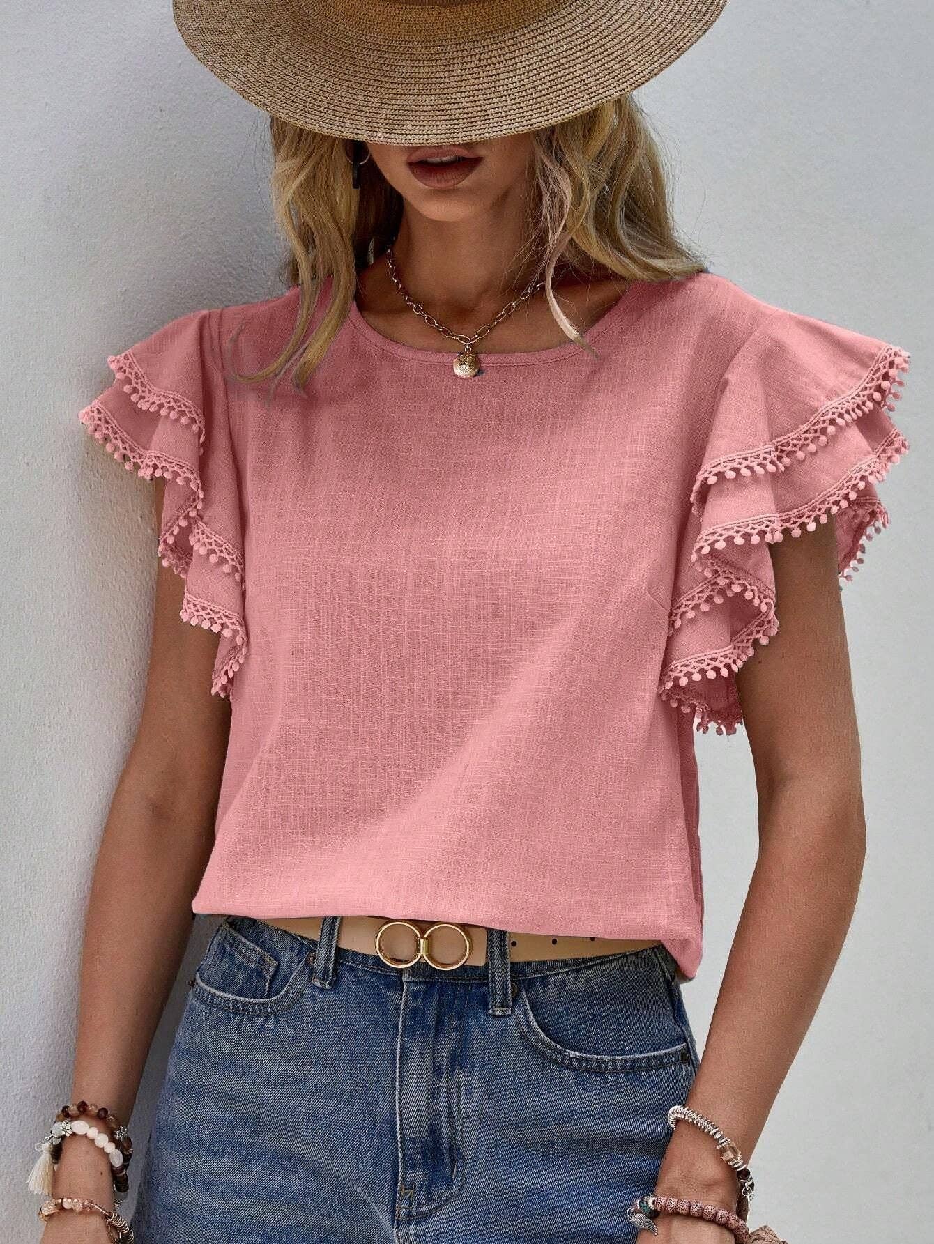 Casual Crew Neck Ruffle Batwing Short Sleeve Top