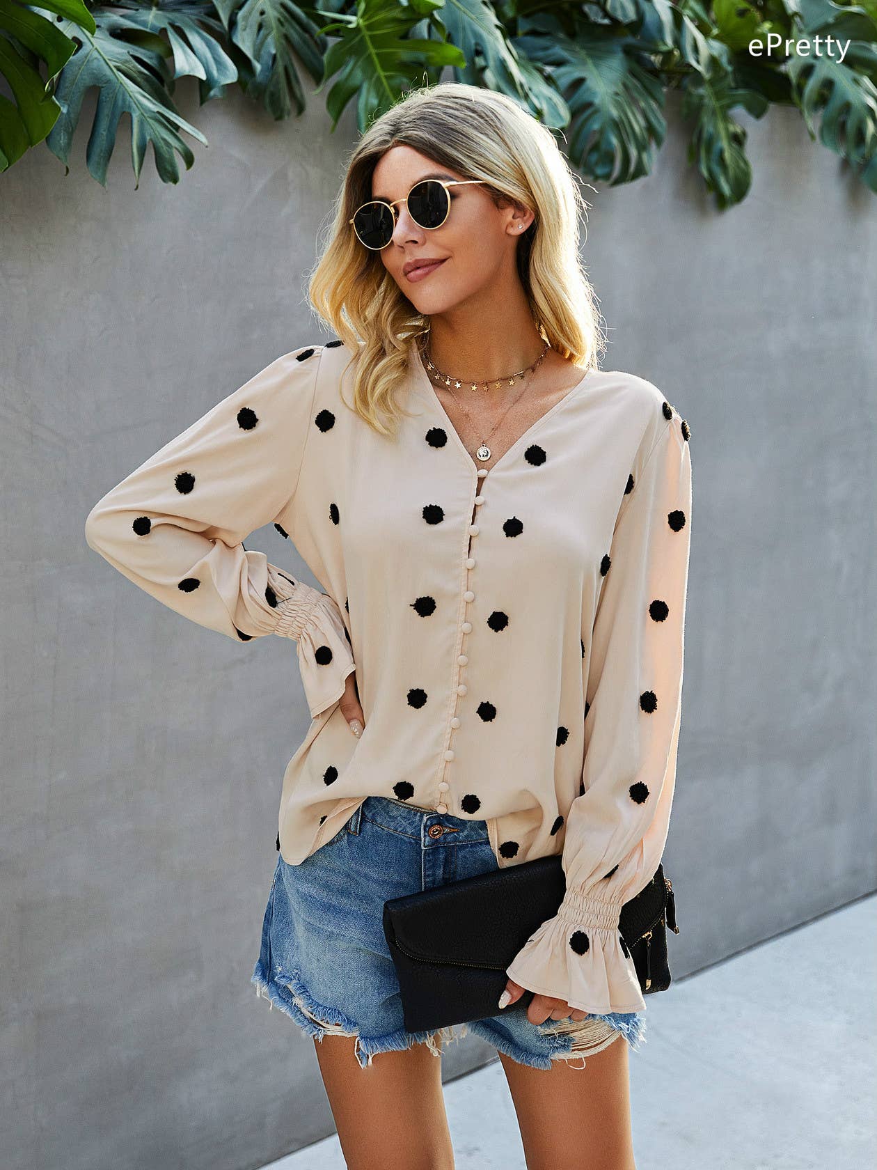 SZ1-TP3171 Pom Detail Button Long Sleeve Blouse