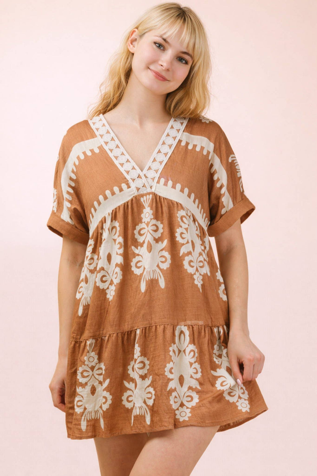 ND31592-Printed V-Neck Woven Mini Dress