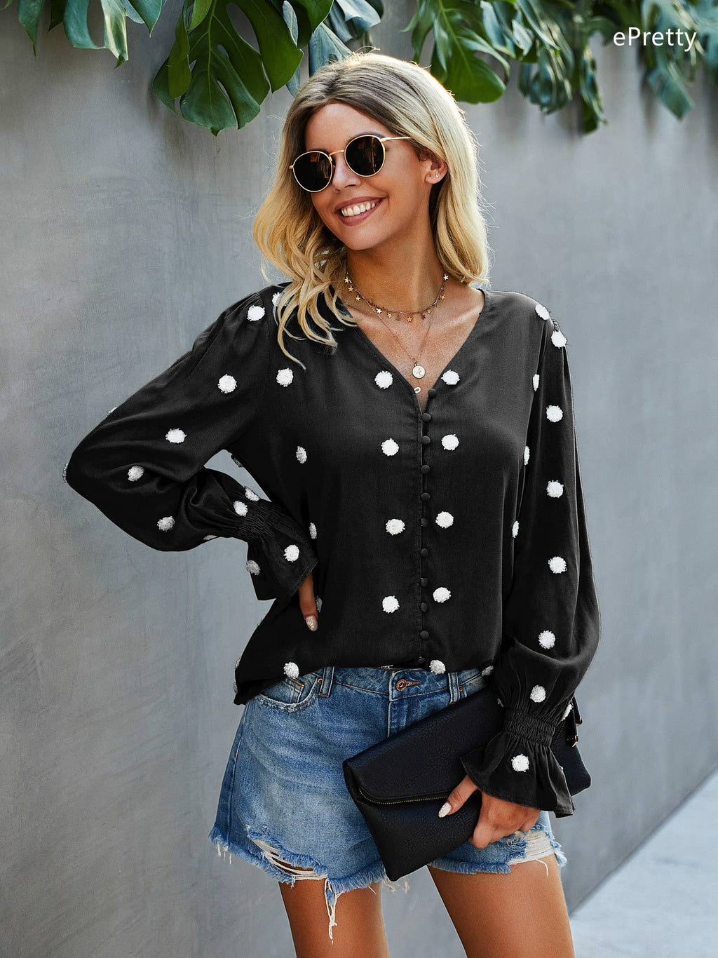 SZ1-TP3171 Pom Detail Button Long Sleeve Blouse