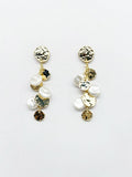 Gold Hammered Coin Stud with Gold and Pearl Drops 2.5" Earring