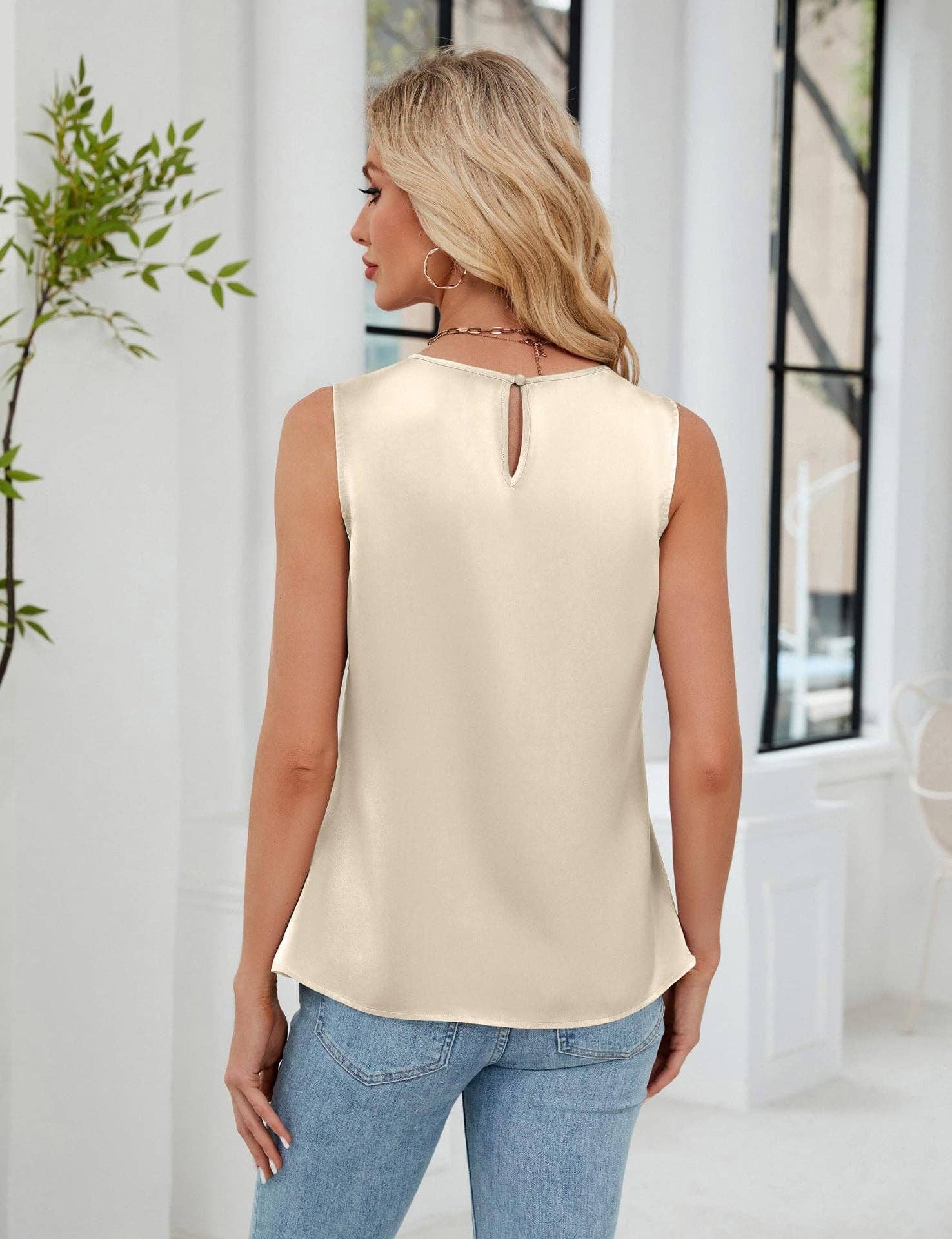 Womens Satin Sleeveless Pleated Office Casual Tank Top