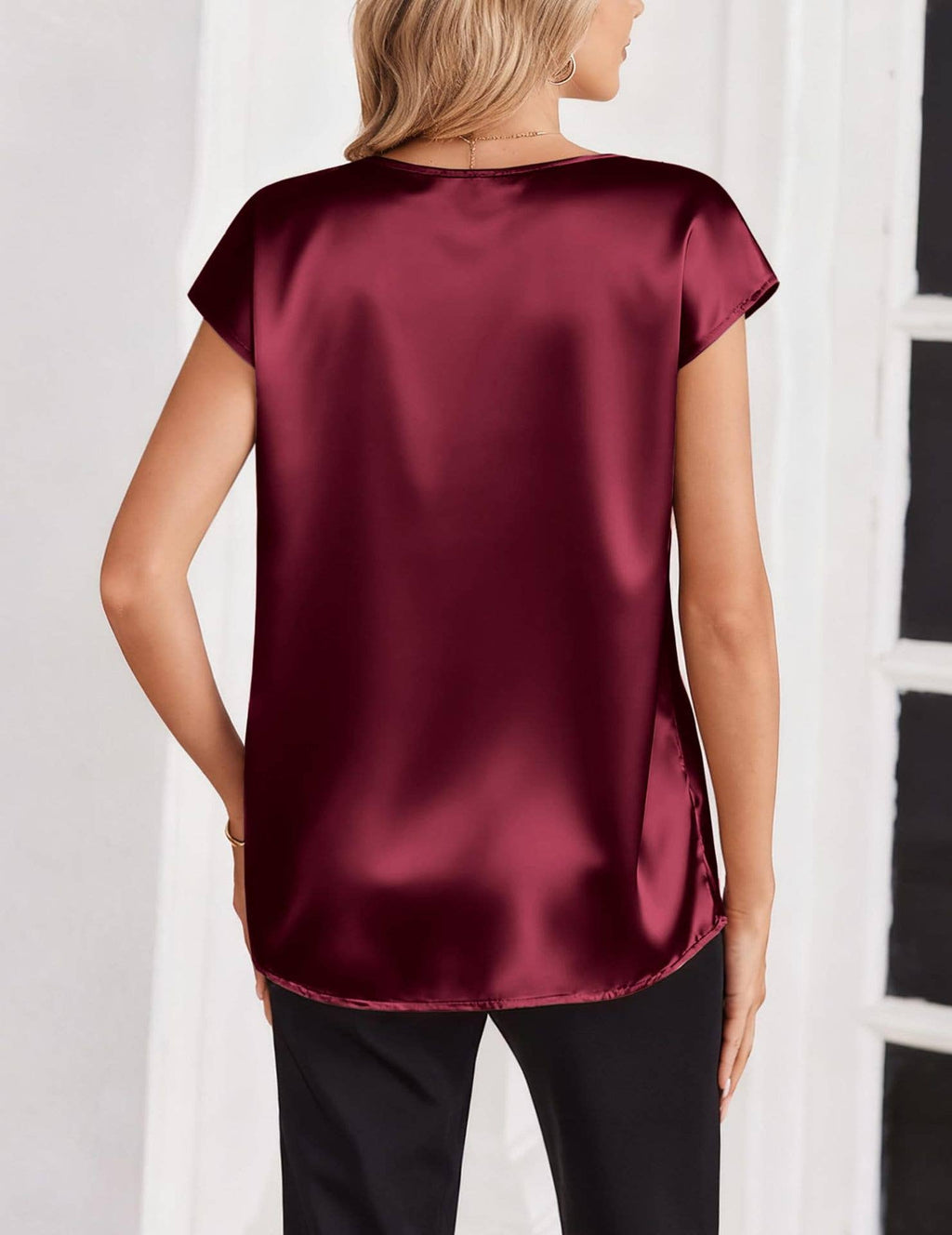 V Neck Short Sleeve Satin Blouse with Relaxed Fit