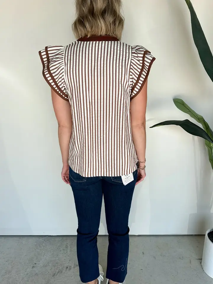 Khaki Stripe V Neck Ruffle Sleeve Summer Blouse
